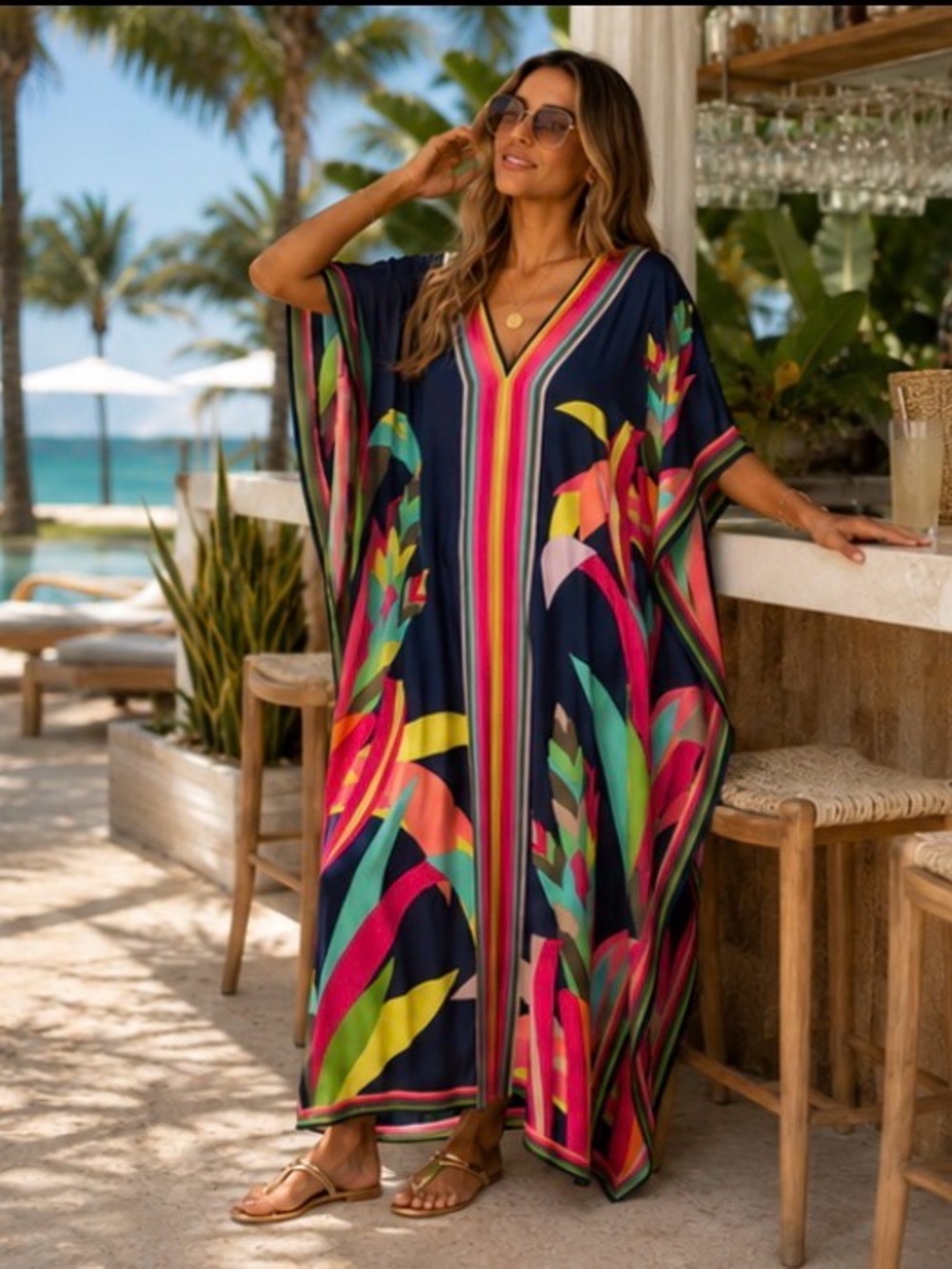 🏆 Trina Turk Style Tropical Caftan Kaftan Maxi Dress | Beach Cover Up - Picture 4 of 6